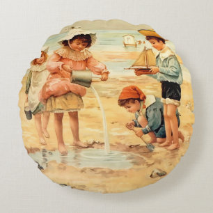 Coussins Ronds Vintage Antique Beach Boy Girl Enfants Art