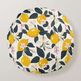 Coussins Ronds Vintage citron et Motif de fleurs roses