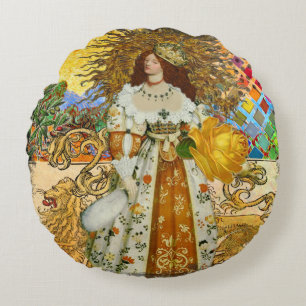 Coussins Ronds Vintage femme Soleil d'or : Leo Zodiac Collage Art