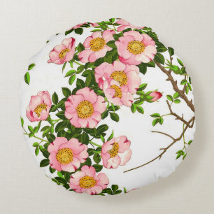 Coussins Ronds Vintage fleurs de cerises japonaises, rose et or