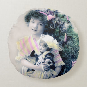 Coussins Ronds Vintage Joyeux Noël avec fille et poupée