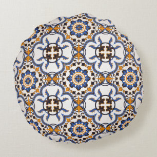 Coussins Ronds Vintage portugais Azulejo bleu jaune Motif