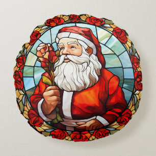 Coussins Ronds Vintage Santa Claus Vitrail Roses Noël