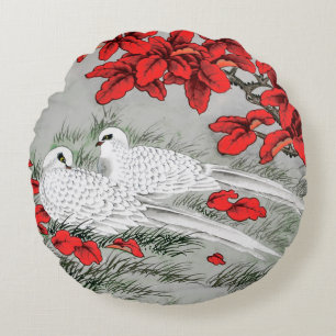 Coussins Ronds Vintages Feuilles blancs et rouges sur gris / gris