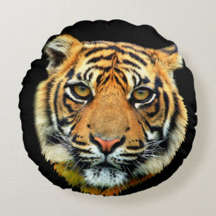 Coussins Ronds Visage animal sauvage de tigre sur noir