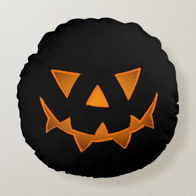 Coussins Ronds Visage Citrouille d'Halloween noir avec yeux brill (Devant)