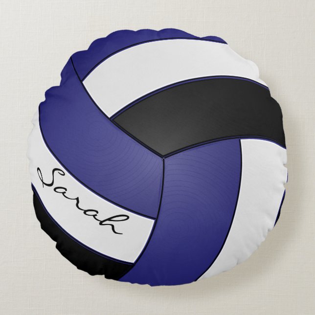 Coussins Ronds Volley-ball bleu foncé, noir et blanc | Nom DO-IT- (Devant)