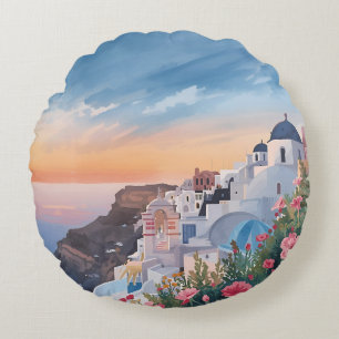 Coussins Ronds Vue imprenable du coucher de soleil à Santorin
