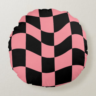 Coussins Ronds Warped Checkerboard Throw Pillow - Trippy Pink and