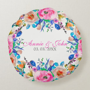 Coussins Ronds Watercolor Floral Wreath - Enregistrer La Date