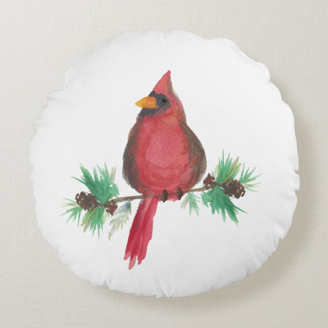 Coussins Ronds Watercolor Red Cardinal Christmas (Devant)