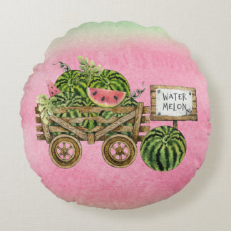 Coussins Ronds Watermelon Harvest Farmhouse Watercolor Wood Cart 