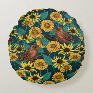 Coussins Ronds Wens et fleurs sur bleu foncé