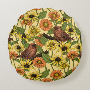 Coussins Ronds Wens et fleurs sur jaune pâle