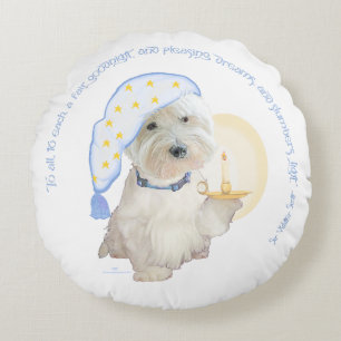 Coussins Ronds Westie bleu Bonne Nuit avec Bougie