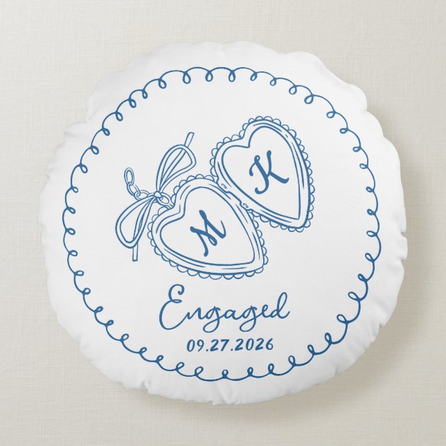 Coussins Ronds Whimsical Engaged Couple Blue Hearts Trendy Doodle (Devant)