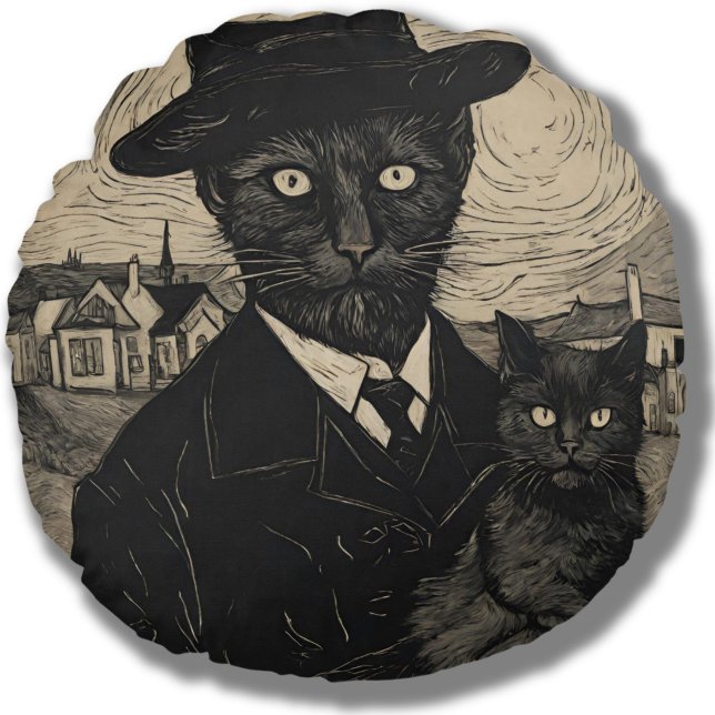 Coussins Ronds Whimsy Goth Van Gogh Chat noir (Créateur téléchargé)