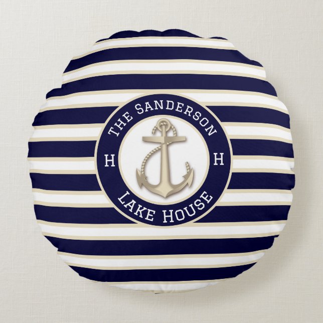 Coussins Ronds White Navy Blue Stripe Nom du bateau Ancre Bienven (Devant)