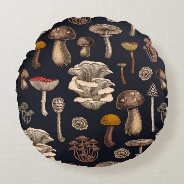 Coussins Ronds Wild Mushrooms  on graphite black (Devant)