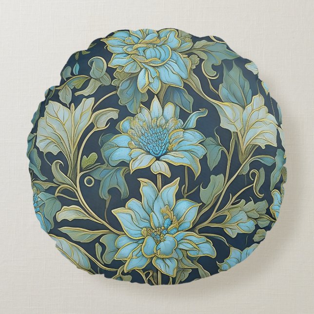 Coussins Ronds William Morris Fleurs Turquoises (Devant)