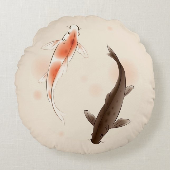 Coussins Ronds Yin Yang Koi pêche dans la peinture orientale de (Devant)