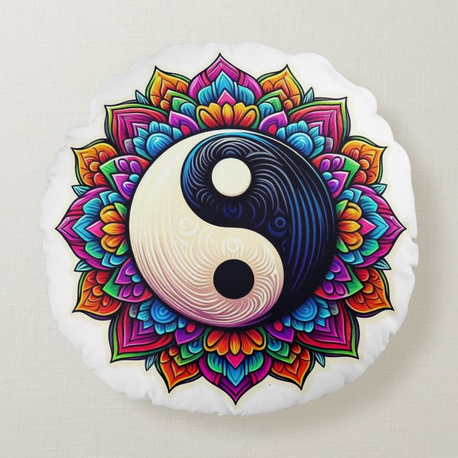 Coussins Ronds Yin Yang mandala design pillow (Devant)