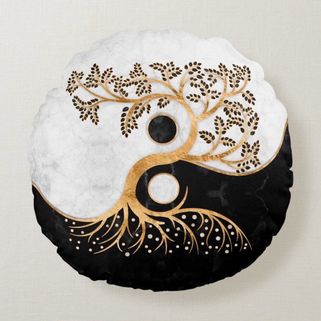 Coussins Ronds Yin Yang Tree - Marbres et or (Devant)