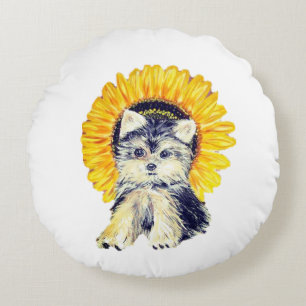 Coussins Ronds Yorkie chiot mignon et tournesol sur fond blanc