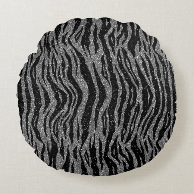 Coussins Ronds Zebra Print noir et gris argent (Devant)