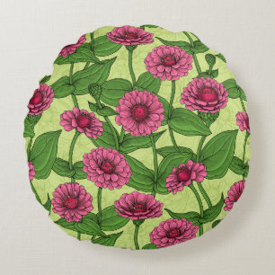Coussins Ronds Zinnias rose sur vert clair