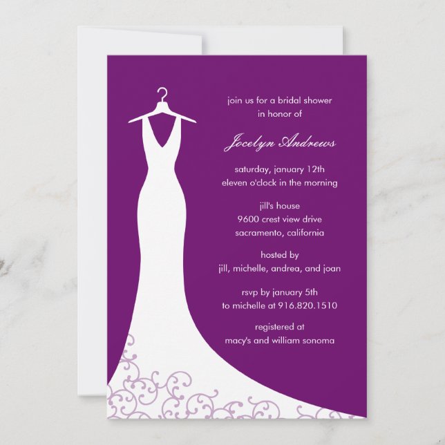 Couture Gown Bridal Shower Invitation (Purple) (Front)