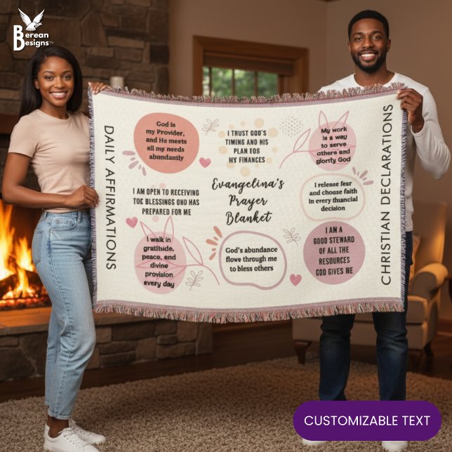 Couverture Affirmations quotidiennes personnalisées Verset de (Personalized Christian Daily Affirmations Prayer Blanket with faith declarations and custom text)