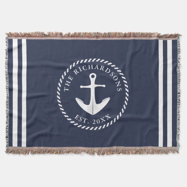 Couverture Ancre nautique Bleu & blanc Personnalisé (Devant)