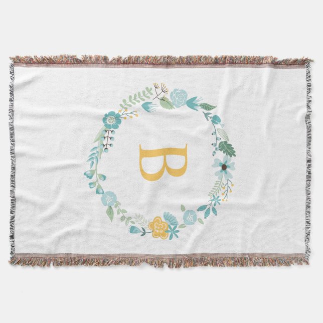 Couverture Aqua et Yellow Monogramme Floral Wreath (Devant)