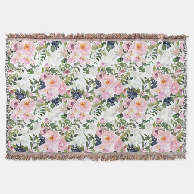 Couverture Aquarelle bleu rose pâle Feuilles vert floral (Devant)