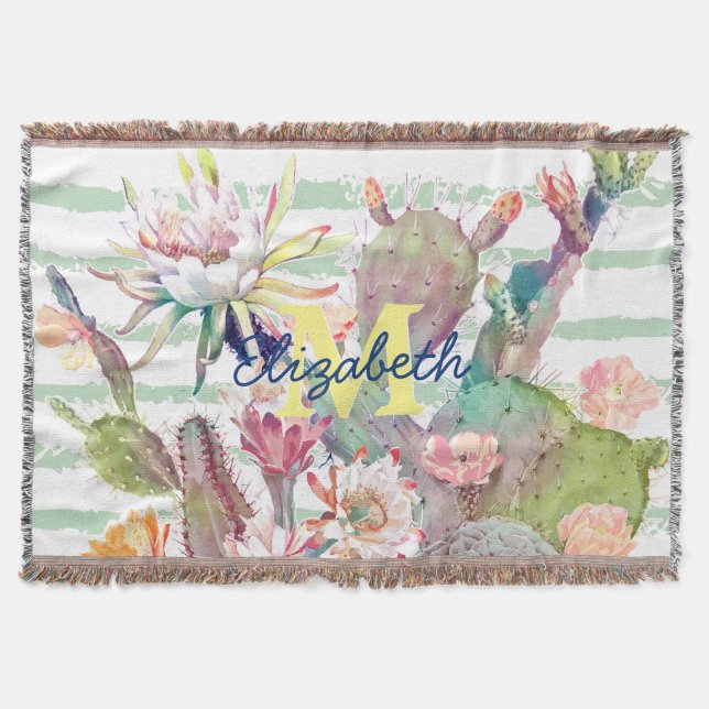 Couverture Aquarelle Cactus Floral Stripes Design (Devant)
