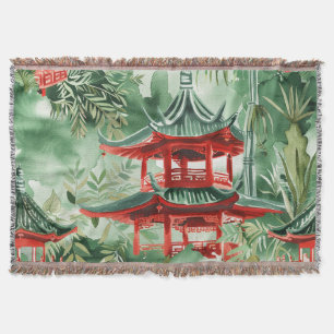 Couverture Aquarelle Pagode asiatique dans paysage verdoyant 