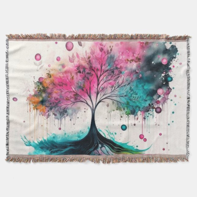 Couverture Arbre mystique moderne & gras (bleu, rose, orange) (Devant)