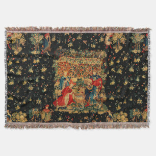 Couverture BAIN FALCONS BAIN Bleu Rouge Tapisserie médiévale 