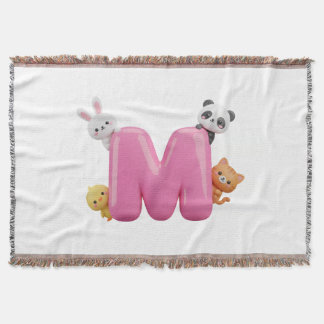 Couverture bébé lettre M rose 3D avec des animaux