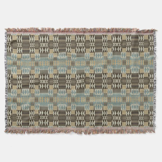 Couverture Beige Turquoise Bleu Vert Taupe Brown Motif tribal (Devant)