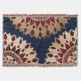 Couverture Bohême Gold Navy Bourgogne main tiré Mandala