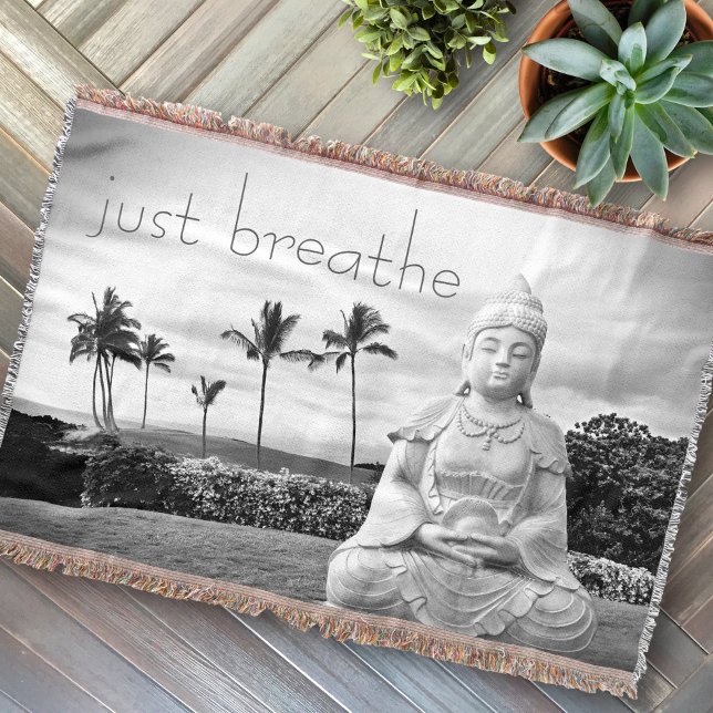 Couverture Bouddha d'Hawaii noir blanc photo Breathe Citation (Créateur téléchargé)