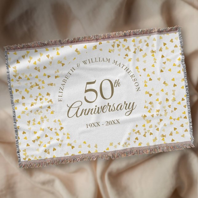 Couverture Célébration de 50 ans de mariage coeurs d'amour et (50th Wedding Anniversary Gold Love Hearts Confetti Throw Blanket)