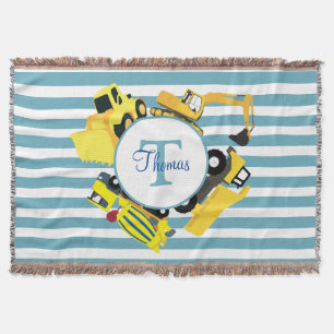 Couverture Chariots de construction Bleu rayures Monogramme