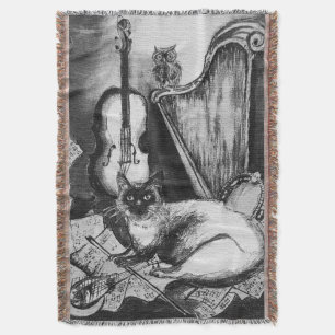 Couverture CHAT MUSICAL, OWL, VIOLIN, HARP Black White Grey M
