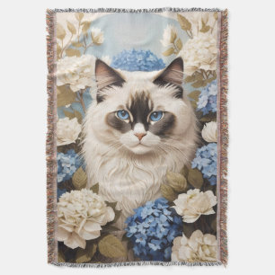 Couverture Chat Ragdoll Avec Fleurs Bleues D'Hydrangée