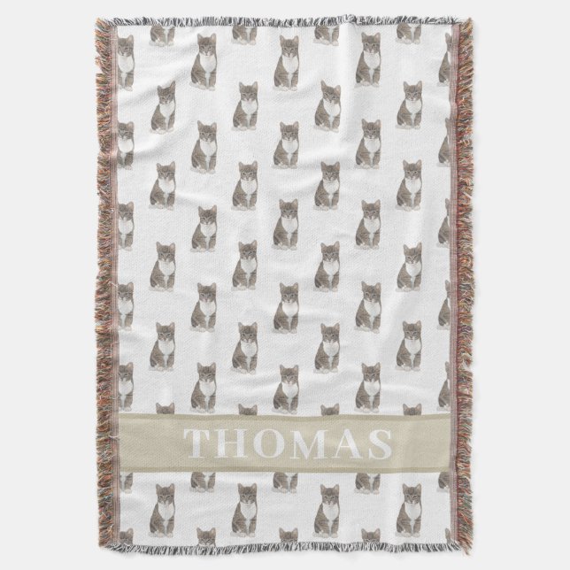 Couverture Chat Tabby Personnalisé (Gris) Brun Clair & Blanc (devant Vertical)