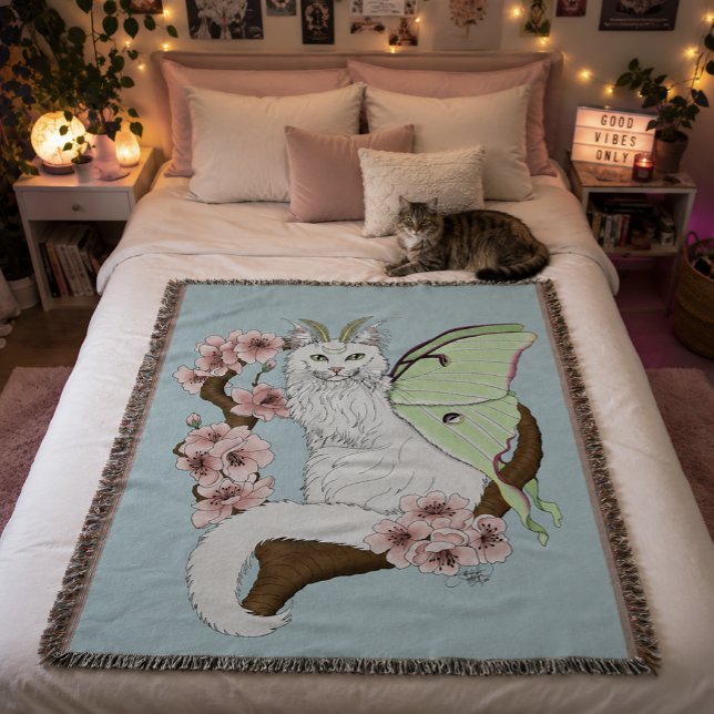 Couverture Chat vert blanc Lune Papillon de nuit (Créateur téléchargé)