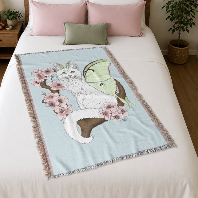 Couverture Chat vert blanc Lune Papillon de nuit (Créateur téléchargé)